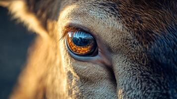 Close up of a deer's eye with a reflection of the sun in it. The eye is brown and the reflection is orange photo