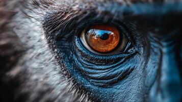 Close up of a gorilla's eye with a blue background. The eye is a vibrant shade of red, drawing attention to its intense gaze. The blue background adds a contrasting color to the scene photo