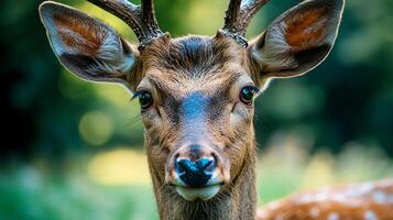 Deer with brown fur and white spots is staring at the camera. The deer's eyes are open and it has a curious expression photo