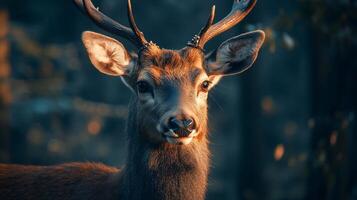 Deer with its head up and looking at the camera. The deer is brown and has a white patch on its face photo