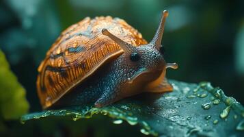 Small orange and brown snail is sitting on a leaf. The leaf is wet and the snail is looking up photo