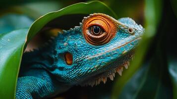Blue and orange lizard is peeking out from behind a leaf. The lizard's eyes are large and bright, and its mouth is open. The scene is peaceful and serene photo