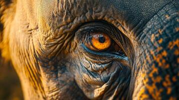 The eye of an elephant is shown in a close up. The eye is brown and has a yellowish tinge. The elephant's eye is surrounded by wrinkles and has a slightly blurry appearance photo