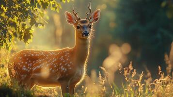 Deer with antlers stands in a field of tall grass. The sun is shining brightly, casting a warm glow on the scene. The deer appears to be enjoying the sunny day and the peaceful surroundings photo