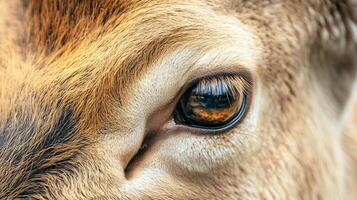 Close up of a deer's eye with a brownish tint. The eye is surrounded by a furry, brownish-colored area photo