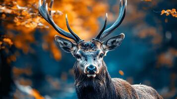 Deer with its head held high and its antlers visible. The image has a warm, natural feel to it, with the deer standing in a forest setting photo