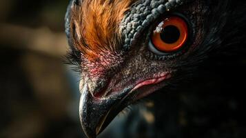 Close up of a chicken's face with red eyes. The image has a moody and mysterious feel to it photo