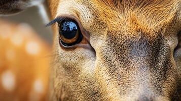 Close up of a deer's face with a brown nose and white spots. The deer's eyes are open and staring straight ahead photo