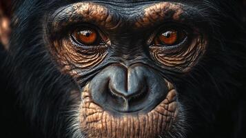 Close up of a monkey's face with a red eye. The monkey's face is black and white photo