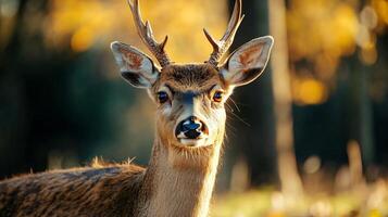 Deer with antlers is standing in a field. The deer has a curious expression on its face photo