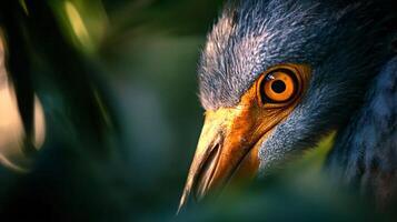 Bird with an orange beak and yellow eyes is peeking out from behind some leaves. The bird's eyes are large and bright, and its beak is orange. The image has a sense of curiosity and wonder photo