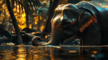 An elephant is in the water, and the water is reflecting the sun. The elephant is looking at the camera photo
