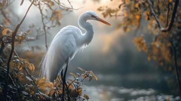 White bird is standing on a branch in a forest. The bird is looking to the right photo
