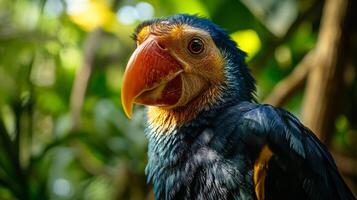 Blue and yellow bird with a red beak is perched on a tree branch. The bird appears to be looking at the camera photo