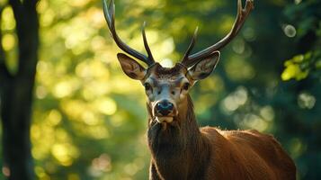 Deer with large antlers stands in a forest. The deer is brown and has a white nose photo