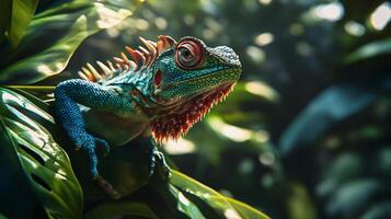 Colorful lizard is perched on a leafy green plant. The lizard is bright blue with red markings on its face. Concept of vibrancy and life, as the lizard stands out against the green background photo