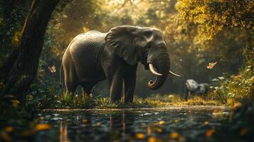 Large elephant is standing in a river with leaves and branches around it. The elephant is surrounded by butterflies and other wildlife. The scene is peaceful and serene photo