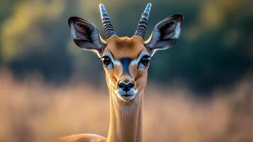 Deer with horns is looking at the camera. The image has a natural and peaceful feel to it photo