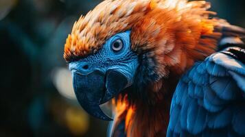 Colorful parrot with blue and orange feathers is perched on a branch. The bird's bright colors and unique appearance make it a striking subject for a photograph photo