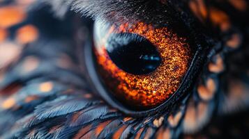 The eye of a bird is shown in a close up, with the iris and pupil glowing orange. The eye is surrounded by feathers, giving it a sense of depth and texture photo