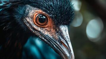 Close up of a bird's face with a blue background. The bird has a black beak and a red eye photo
