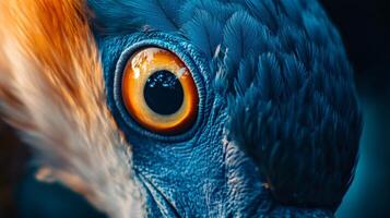 Bird's eye is shown in a close up, with the iris being the main focus. The eye is surrounded by blue feathers, giving the impression of a vibrant and lively bird. Concept of curiosity and wonder photo