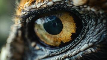 The eye of a bird is shown in detail, with the iris and pupil clearly visible. The eye is surrounded by a yellowish-brown area, which gives it a warm and inviting appearance photo