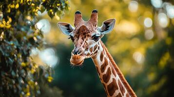 Giraffe is looking at the camera with its head tilted. The giraffe is in a forest with trees and bushes photo