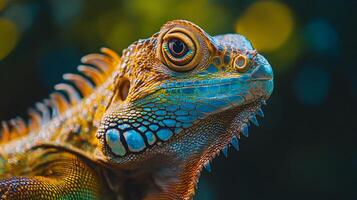 Lizard with a blue head and green body. The lizard is looking at the camera. The lizard is in a dark background photo