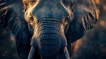 Close up of an elephant's face with a dark background. The elephant's eyes are open and it is looking at the camera photo