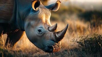 Rhino is looking at the camera with its horn raised. The image has a warm, natural feel to it, with the sun shining on the rhino and the grassy field. The rhino's horn is a prominent feature photo