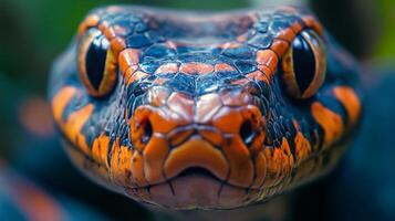 Close up of a snake's face with a black and orange pattern. The snake's eyes are open and staring at the camera photo