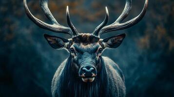 Deer with large antlers is staring at the camera. The image has a moody and mysterious feel to it, as if the deer is looking into the camera with a sense of curiosity or even fear photo