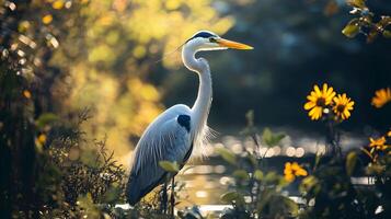 Large bird with a long neck stands in a field of flowers. The bird is surrounded by green leaves and yellow flowers, creating a peaceful and serene atmosphere photo