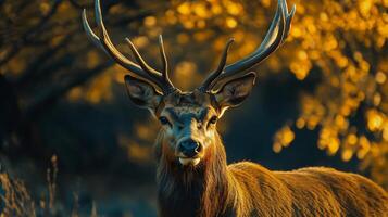 Deer with its head held high and antlers on display. The image has a warm and natural feel, with the deer standing in a field of trees photo
