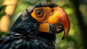 Colorful bird with a black body and a yellow beak. The bird has a red tip on its beak, giving it a striking appearance photo