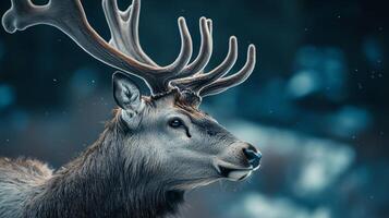 Deer with antlers is standing in the snow. The image has a serene and peaceful mood, as the deer is alone and not in a hurry photo