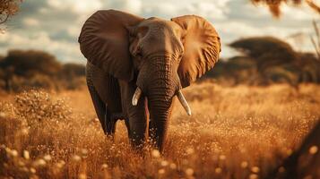 Large elephant is walking through a field of tall grass. The elephant is the main focus of the image, and the grass and trees in the background create a sense of depth and scale photo