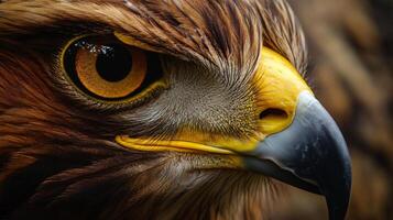 Close up of a bird's face with a yellow beak and yellow eyes. The bird's eyes are large and intense, giving the impression of a predator photo