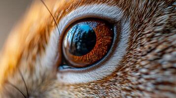Close up of a rabbit's eye with a reflection of the sky in the iris. The eye is brown and the reflection is blue photo