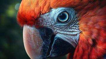 Close up of a parrot's face with a blue eye. The bird's beak is open and its feathers are bright red photo