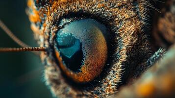 Close up of a butterfly's eye with a blue iris and orange and brown fur. The eye is surrounded by a fuzzy brown area photo