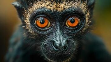 Monkey with a black face and orange eyes. The monkey is looking at the camera. The image has a dark and mysterious mood photo