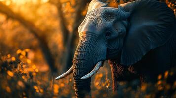 Large elephant is standing in a field of yellow leaves. The elephant is looking at the camera photo
