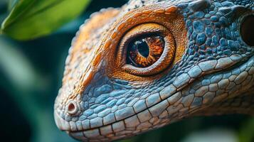 Lizard with a blue and orange face is shown in the image. The lizard's eyes are large and prominent, drawing attention to its face photo