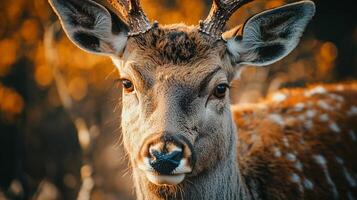 Deer with brown fur and white spots is staring at the camera. The image has a warm and inviting mood, as the deer appears to be curious and friendly photo