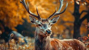 Deer is standing in a field with its head up and looking to the right. The deer is brown and has large antlers. The image has a peaceful and serene mood, as the deer is standing in a natural setting photo