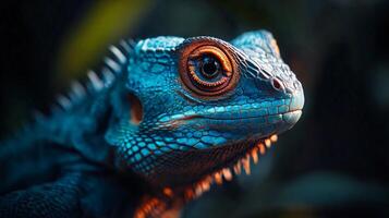 Blue lizard with orange eyes is staring at the camera. The lizard is in a dark environment, which adds to the mysterious and intriguing atmosphere of the image photo