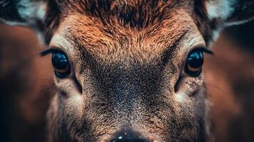 Close up of a deer's face with its eyes open. The deer's eyes are large and bright, and its nose is visible. Concept of curiosity and wonder photo