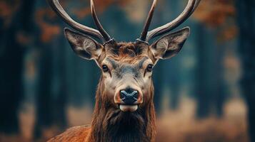 Deer with brown antlers is standing in a forest. The deer has a serious expression on its face photo